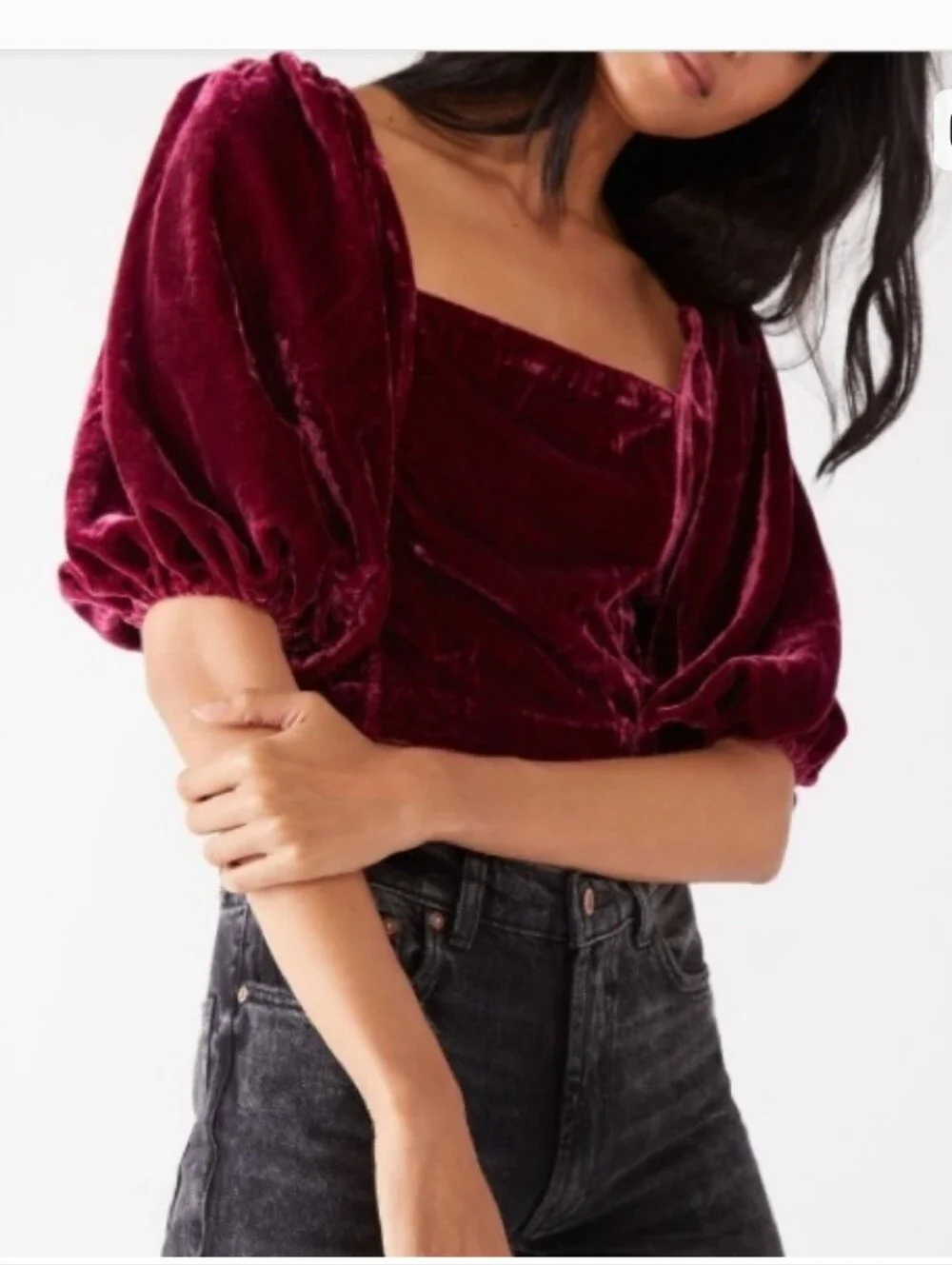 Free People Velvet Puff Sleeve Square Neck Top Tie Back Sz XS